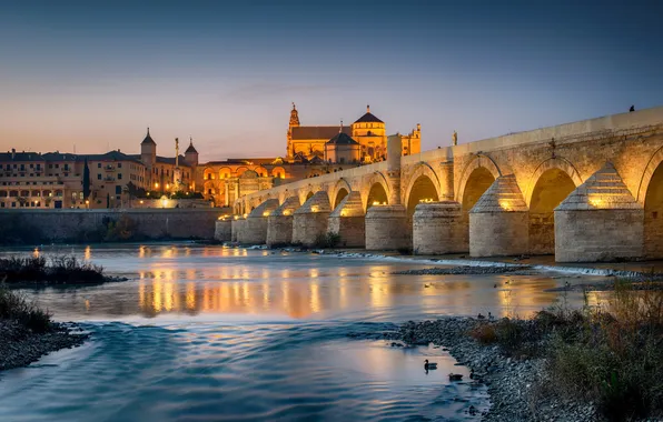 Picture the sky, lights, twilight, Spain, Cordoba, the river Guadalquivir, Roman bridge, The great mosque of …