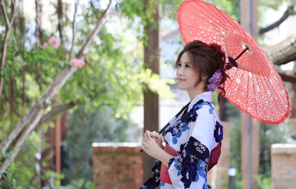 Summer, girl, umbrella, Asian