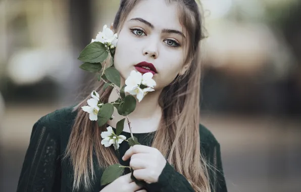 Girl, branches, makeup, brown hair, Jasmine