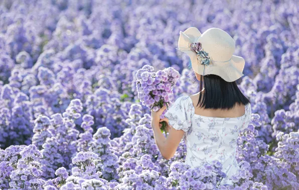 Field, girl, flowers, bouquet, hat, dress, walk, Asian