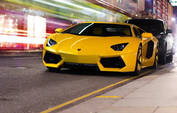 Picture night, the city, yellow, street, Lamborghini, LP700-4, Aventador, Lamborghini
