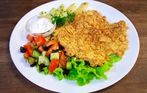 Leaves, meat, tomatoes, olives, sauce, salad, tomatoes, potatoes