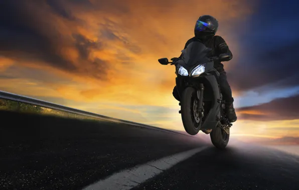 Road, nature, movement, markup, speed, the evening, turn, motorcycle
