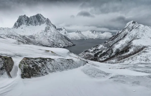Picture winter, the sky, clouds, snow, mountains, overcast, rocks, shore