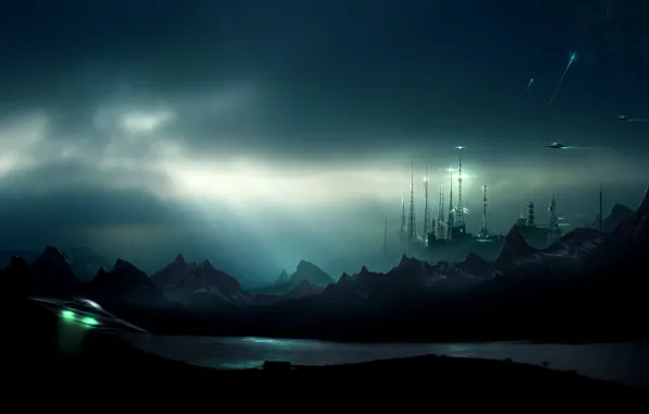 Mountains, night, river, planet, UFO, station