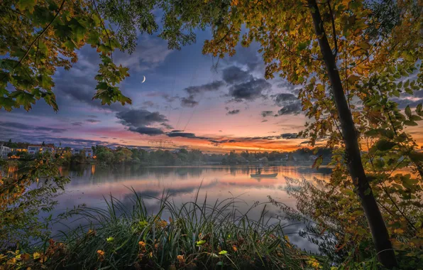 Autumn, trees, sunset, river, boat, fisherman