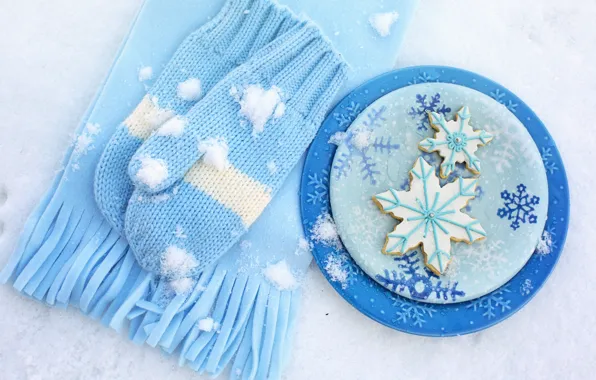 Winter, snow, snowflakes, scarf, plates, plate, blue, winter