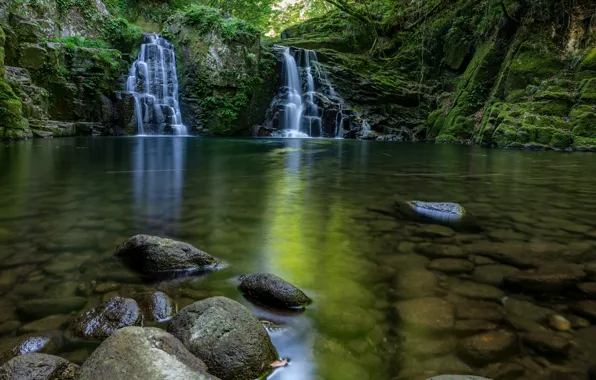 Picture stones, shore, waterfall, pond
