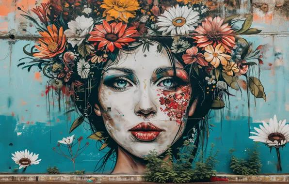 Girl, flowers, wall, graffiti, picture, painting, wreath, blue background