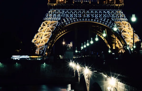 Night, bridge, the city, lights, river, France, Paris, backlight