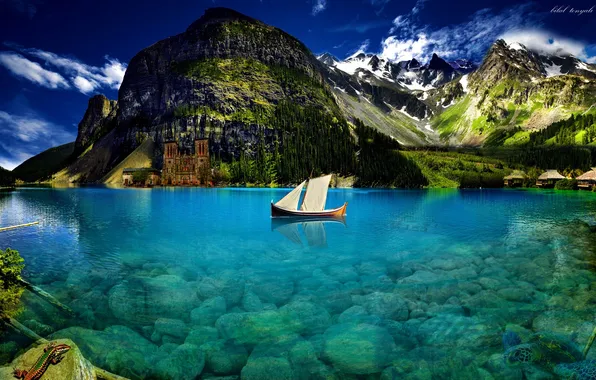 The sky, mountains, lake, boat, lizard, house