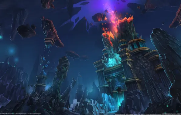 The explosion, stones, rocks, magic, the building, cave, world of warcraft, cataclysm