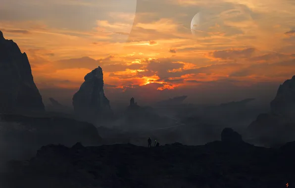 Picture the sky, sunset, mountains, people, planet, art