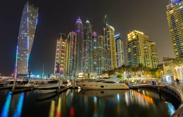 Building, Bay, Dubai, night city, Dubai, promenade, skyscrapers, UAE