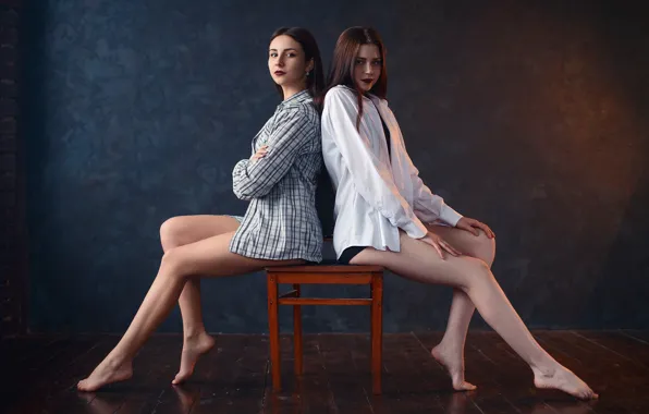 Picture chair, legs, two girls, Studio