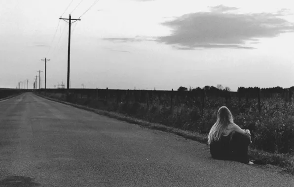 Girl, road, power line