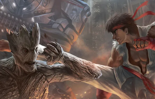 Picture street fighter, fan art, ryu, groot, guardians of the galaxy