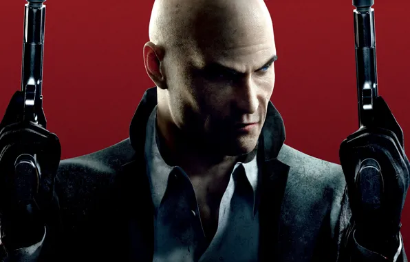 Picture weapons, blood, bald, gloves, shirt, jacket, Agent 47, Silver baller