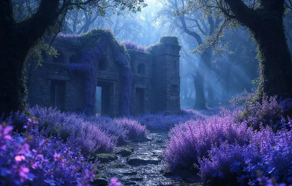 Forest, rays, light, trees, flowers, branches, fog, castle