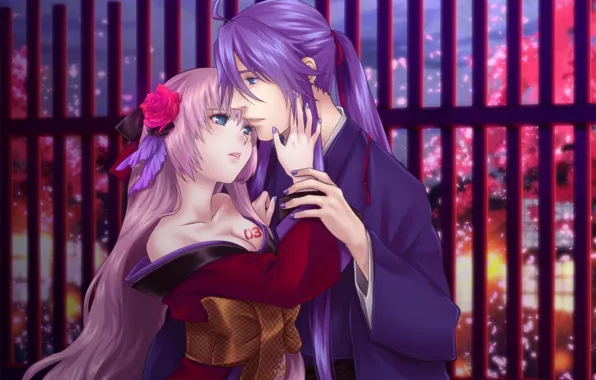 Look, girl, pair, guy, kimono, bow, Vocaloid, vokaloid