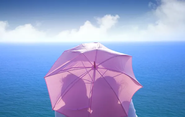 Picture sea, the sky, girl, love, umbrella, background, pink, widescreen