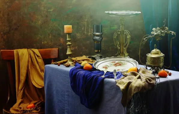 Table, chair, fabric, fruit, still life, items, stand, tray