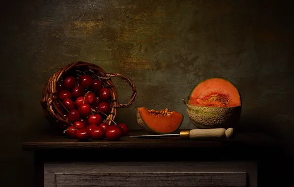 The dark background, table, still life, cherry, melon