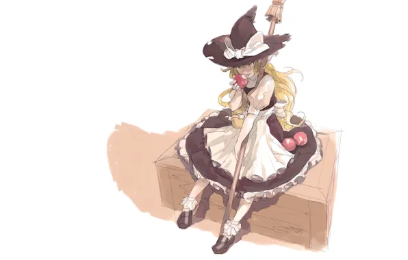 Apples, shadow, white background, broom, box, bow, sitting, long hair