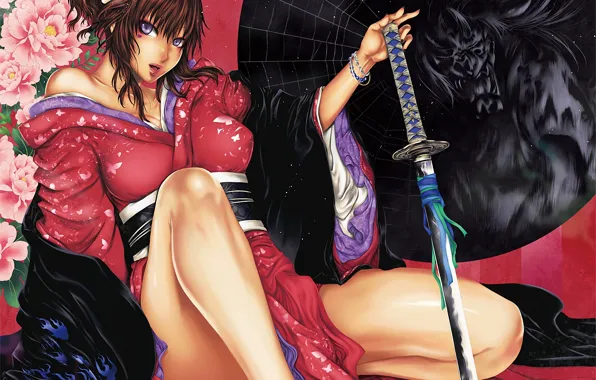 Girl, flowers, sword, katana, art, kimono, peonies, sitting