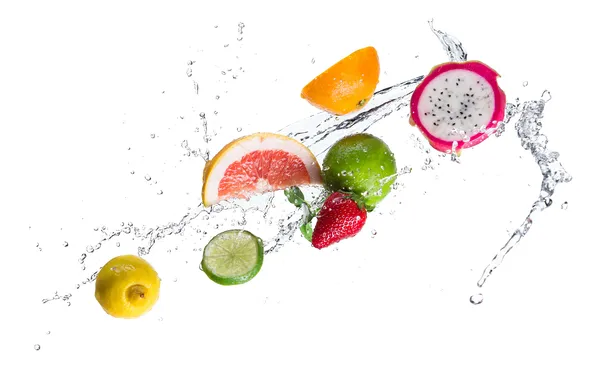 Water, squirt, lemon, orange, strawberry, white background, lime