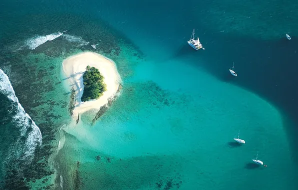 Sand, water, trees, the ocean, yachts, Atoll