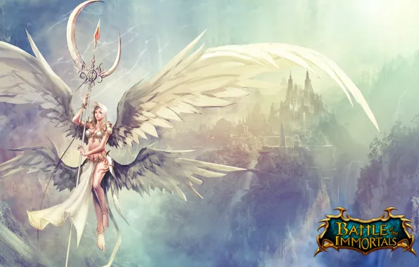 Picture girl, mountains, the city, magic, angel, fantasy, battle, rod