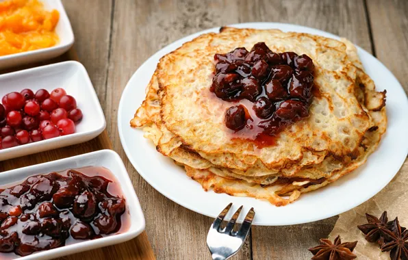 Berries, pancakes, jam