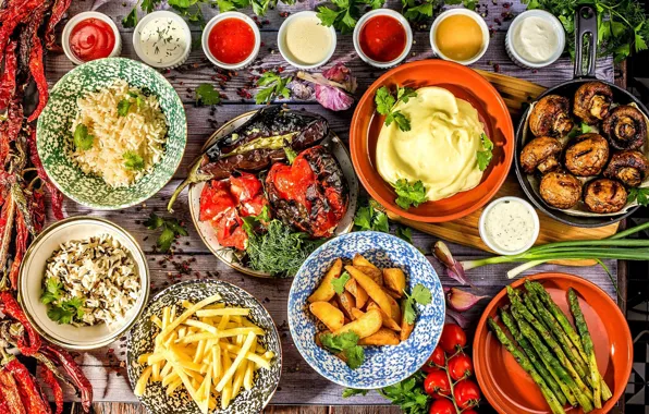 Mushrooms, sauce, salad, spices, meals, potatoes, cuts, asparagus