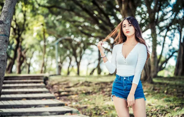 Picture girl, nature, face, background, model, shorts, figure