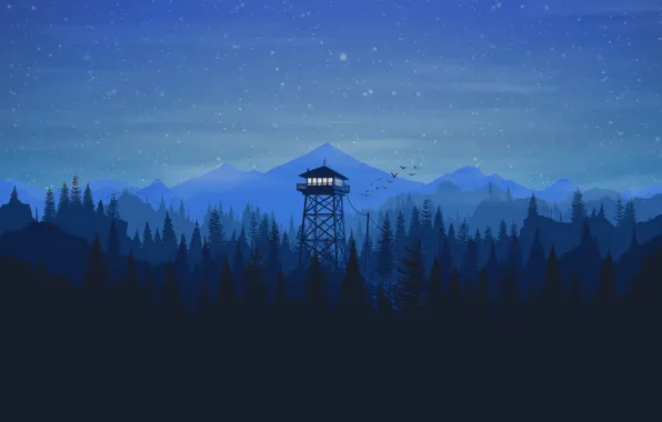 Picture Mountains, Night, Stars, The game, Forest, View, Birds, Hills