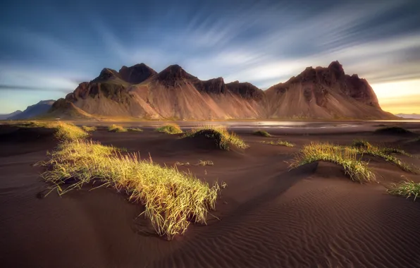 Beach, the sky, clouds, mountains, excerpt, Iceland, Stokksnes