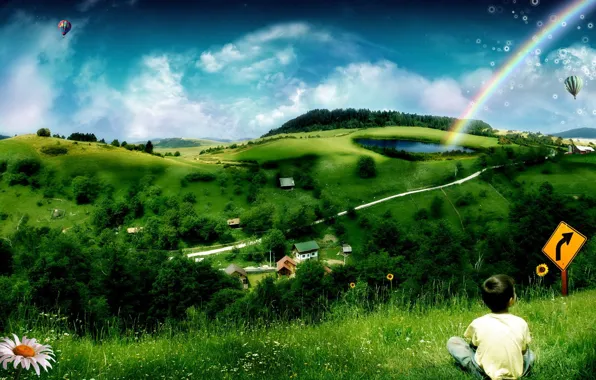 Children, green, rainbow, Hills