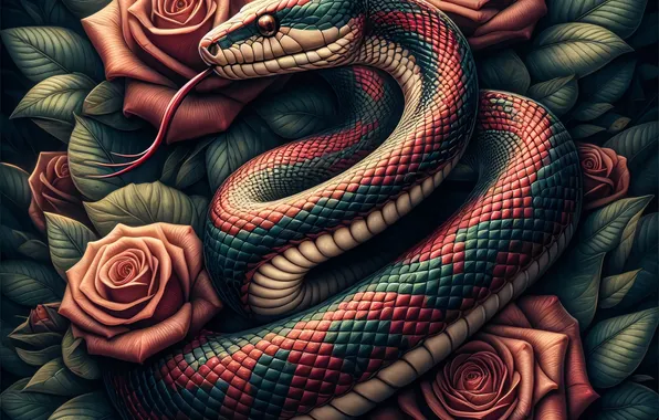Look, leaves, flowers, roses, snake, snakes, composition, AI art