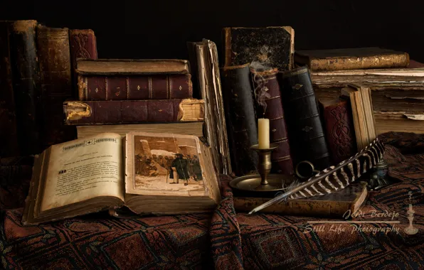 Candles, feathers, book, illustration