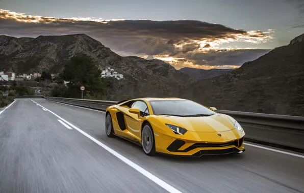 Picture road, sunset, speed, the evening, Lamborghini, supercar, Aventador, 2017