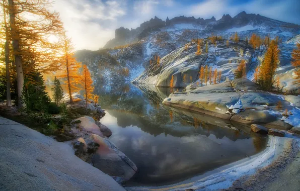Picture autumn, trees, mountains, lake, reflection, Washington State, Alpine Lakes Wilderness, Washington
