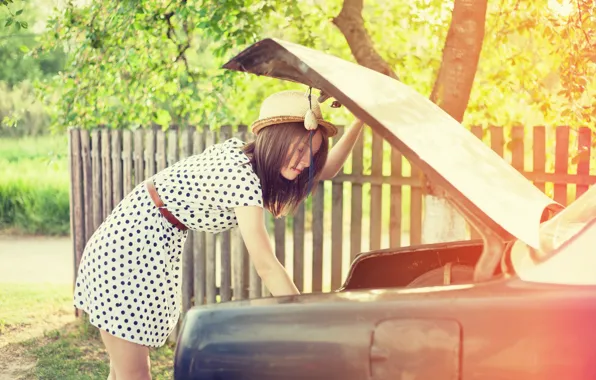 Machine, leaves, girl, the sun, trees, background, tree, widescreen