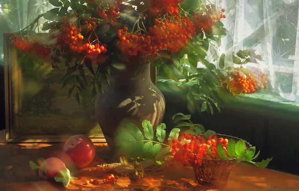 Picture autumn, light, apples, bouquet, picture, window, still life, Rowan