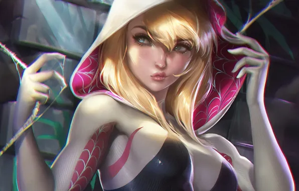 Web, blonde, hood, gesture, Marvel, Marvel Comics, Comics, Gwen Stacy