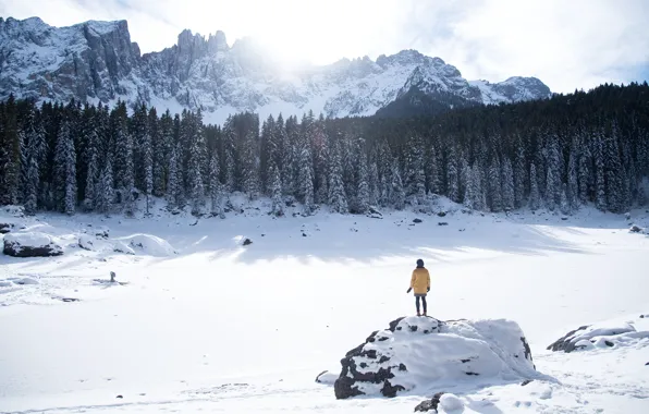 Cold, winter, frost, forest, the sky, girl, clouds, snow