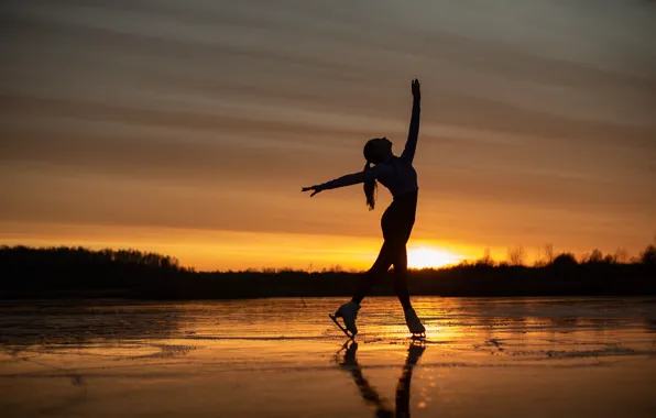 Picture girl, sunset, pose, mood, ice, figure skating, skates, frozen lake