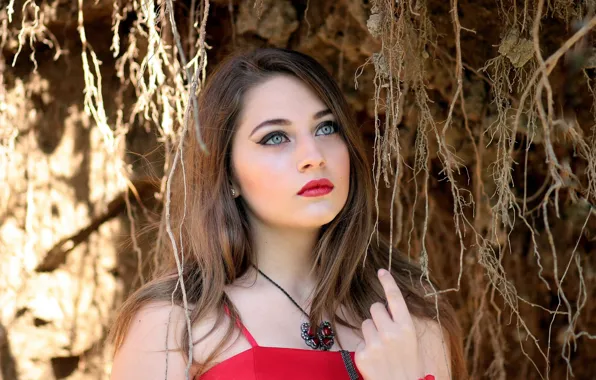 Girl, decoration, branches, portrait, makeup, hairstyle, in red, cute