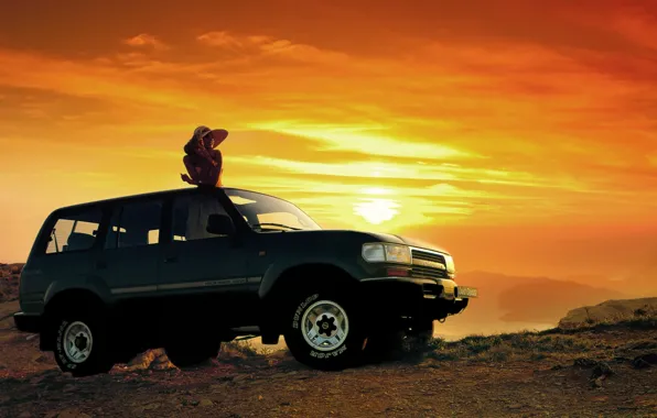 Picture girl, sunset, background, jeep, SUV, Toyota, the front, Toyota