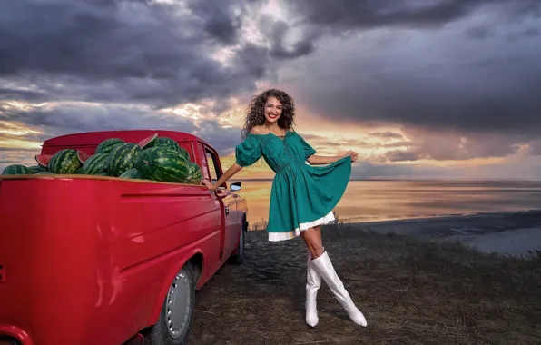 Picture auto, girl, pose, smile, river, mood, boots, dress